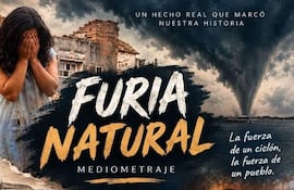Una mujer con cabello suelto y expresión de tristeza, en un fondo con estructuras en ruinas.