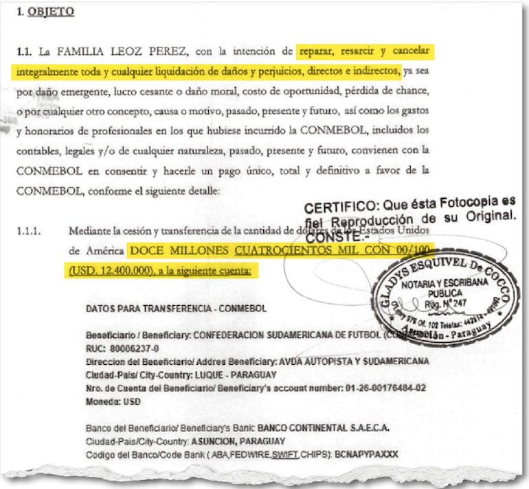 El otro acuerdo firmado por la familia Leoz en donde hacen efectiva la  entrega de US$ 12.400.000.