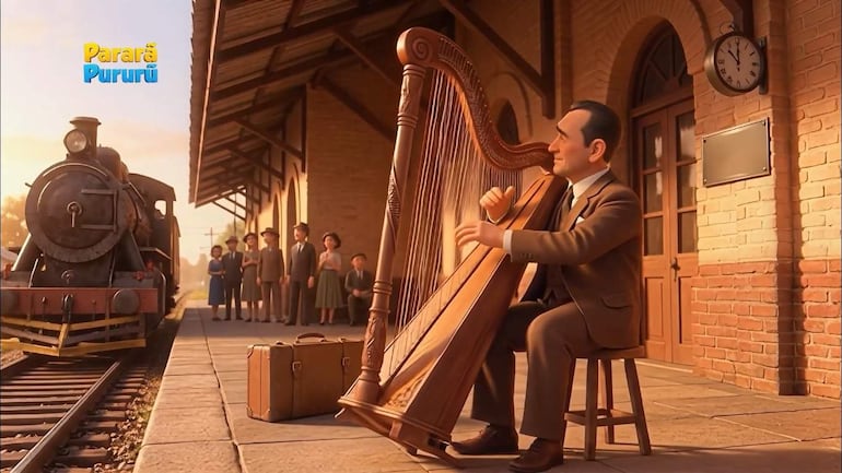 Músico de traje formal tocando arpa en estación de tren, con público atento. Un tren de vapor y edificaciones de ladrillo de fondo.