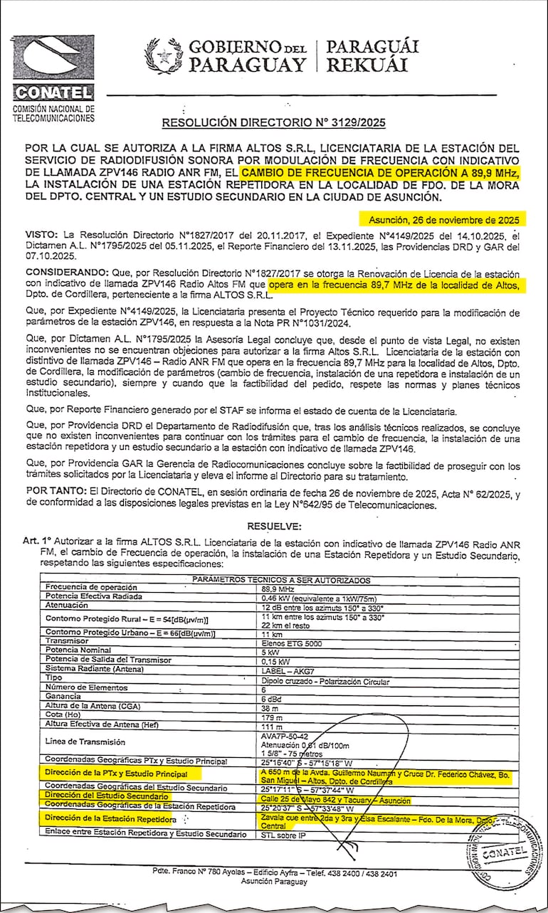La resolución del directorio N° 3129/2025 de la Conatel evidencia que luego de 15 meses de operaciones “mau”, la institución aprobó el proyecto técnico para que opere la radio de la ANR.