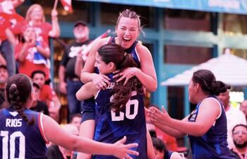 Festejo de las chicas al obtener el título de la Primera Copa Mundial de Baloncesto Unificado 3×3 de Olimpiadas Especiales.