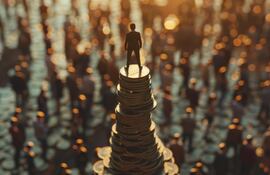 Imagen ilustrativa generada con IA que muestra a un muñeco en forma de hombre sobre una pila de monedas.