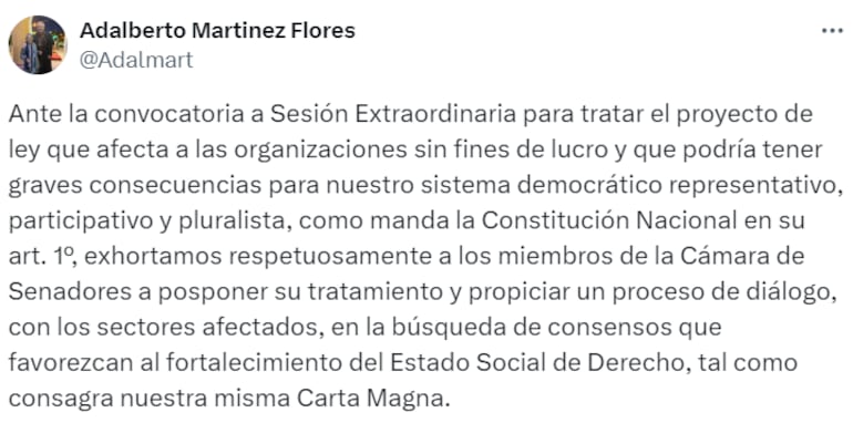 Publicación de la cuenta de X del Cardenal Adalberto Martínez.