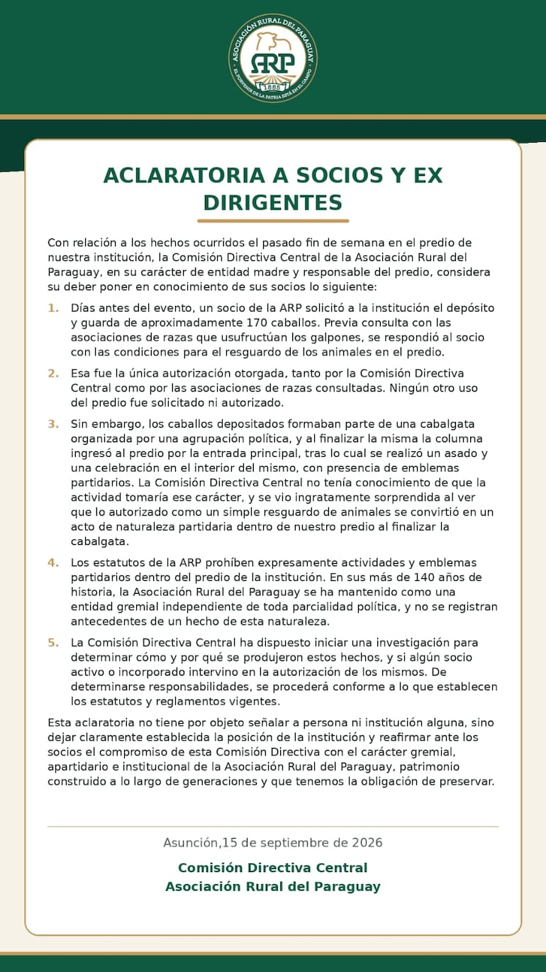 Comunicado de la ARP tras permitir la fiesta de la Caballería Colorada.