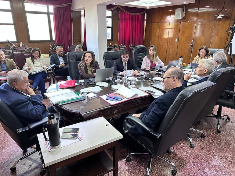 Bettina Albertini presenta ante un grupo de hombres en traje, todos atentos, en una sala de conferencias formal.