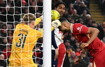 Tottenham Hotspur's Czech goalkeeper #31 Antonin Kinsky saves a shot from Liverpool's Dutch striker #18 Cody Gakpo during the English League Cup semi-final second leg football match between Liverpool and Tottenham Hotspur at Anfield in Liverpool, north west England on February 6, 2025. (Photo by Oli SCARFF / AFP) / RESTRICTED TO EDITORIAL USE. No use with unauthorized audio, video, data, fixture lists, club/league logos or 'live' services. Online in-match use limited to 120 images. An additional 40 images may be used in extra time. No video emulation. Social media in-match use limited to 120 images. An additional 40 images may be used in extra time. No use in betting publications, games or single club/league/player publications. /