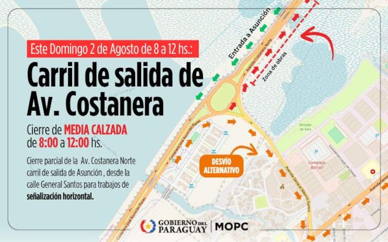 Anuncio informativo sobre cierre en Avenida Costanera Norte con flechas de desvío y horarios especificados.