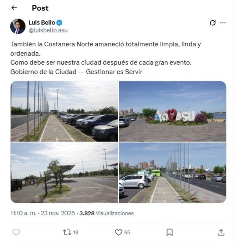 En sus redes sociales, el intendente, Luis Bello (ANR-HC), se jactó de haber dejado la ciudad "impecable".
