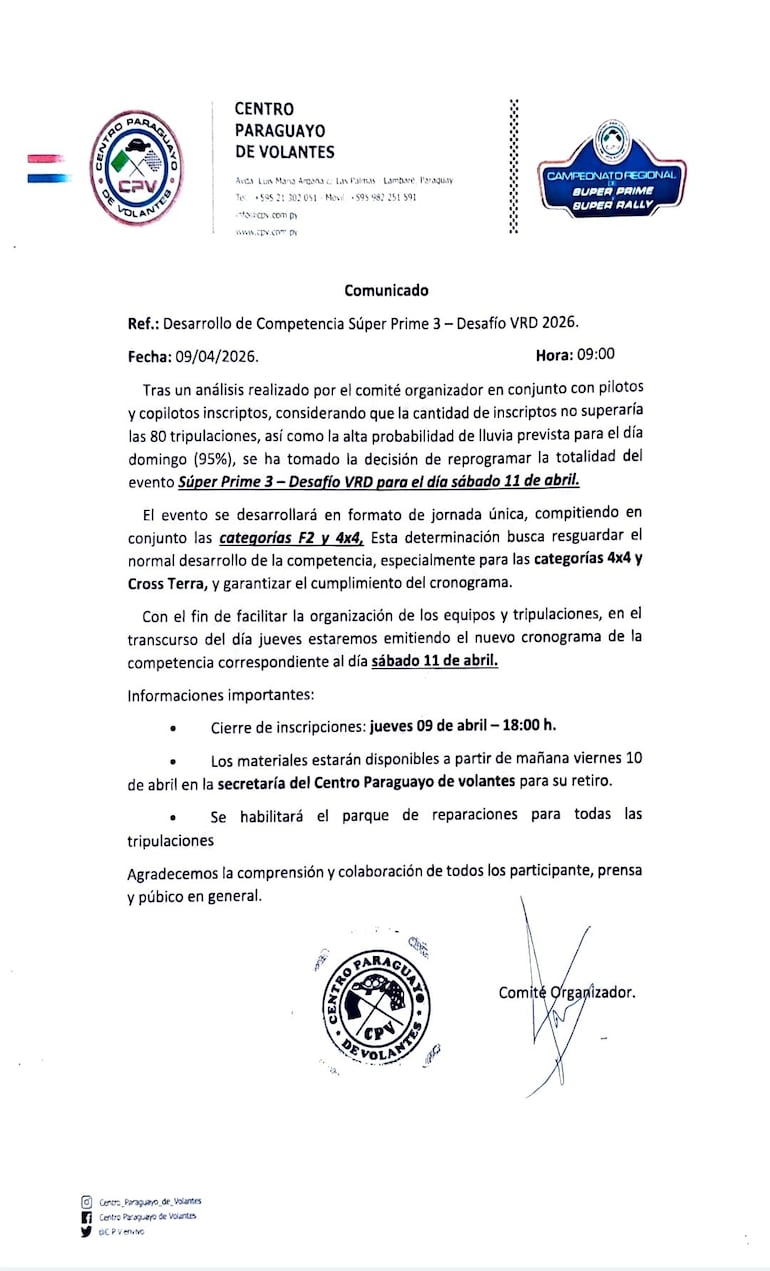 Comunicado oficial del Centro Paraguayo de Volantes (CPV).