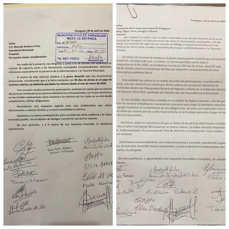 Funcionarios municipales de Paraguarí envían solicitud al intendente Marcelo Simbrón por salarios adeudados.