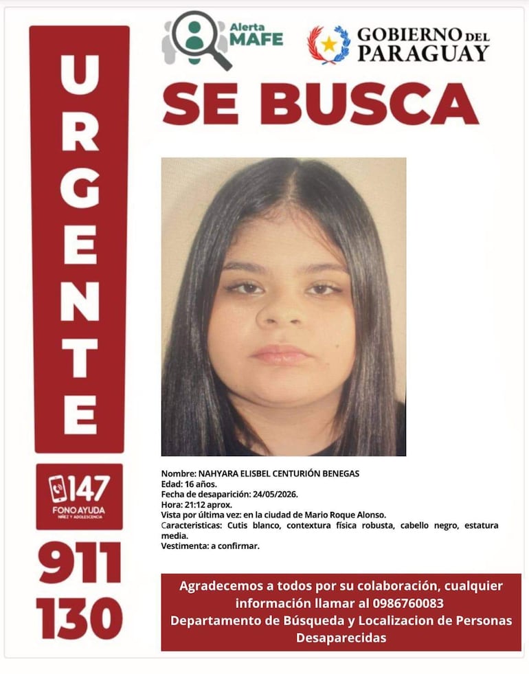Cartel de Alerta MAFE con foto de Nahyara Centurión, 16 años, características físicas y datos para contactar en caso de información.