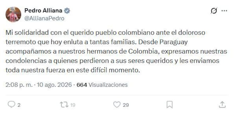 Tuit de Pedro Alliana destacando su apoyo al pueblo colombiano, sin imágenes ni emociones visibles.
