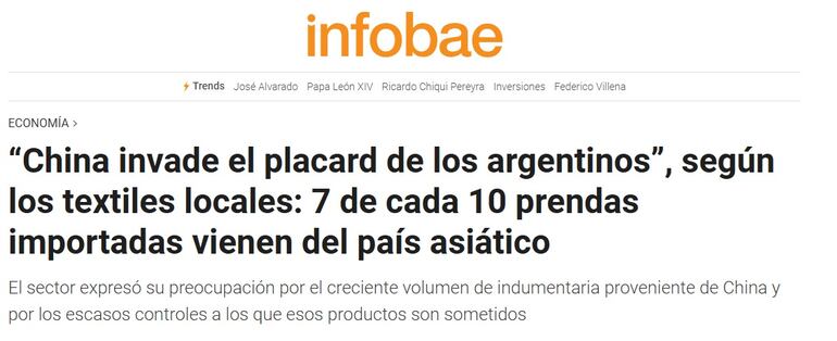 Publicación Infobae sobre China