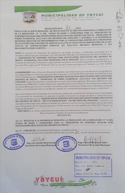 Junta Municipal solicita a intendente derogar resolución de llamado a licitación del almuerzo escolar.