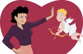 Ilustración de una mujer poniéndole un "alto" con la mano a "Cupido".