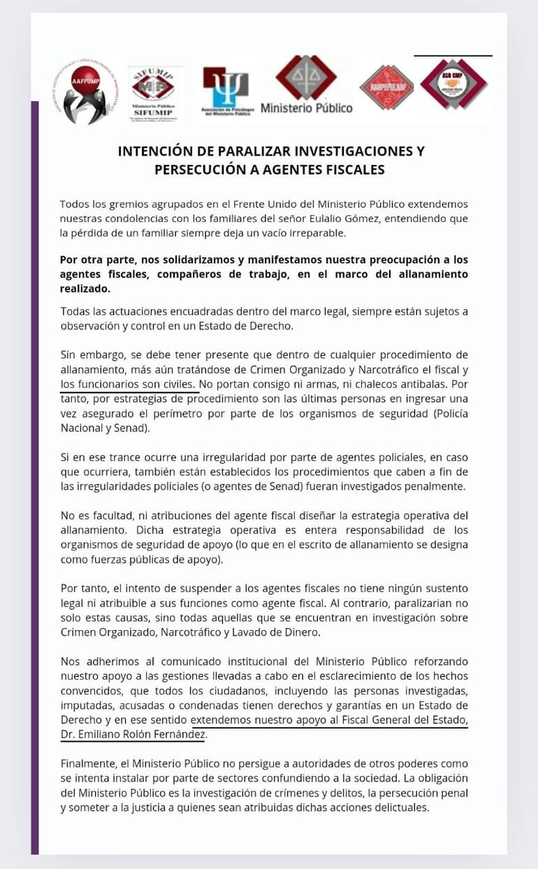El comunicado de los gremios aglutinados en el Frente Unido del Ministerio Público.