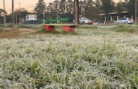Paisaje urbano frío con césped cubierto de escarcha, vehículos y máquinas agrícolas en el fondo.