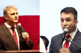El intendente saliente Marcos Benítez (ANR HC) (IZQUIERDA) y el nuevo jefe comunal de Coronel Oviedo, el odontólogo Denis Cohene (ANR HC).