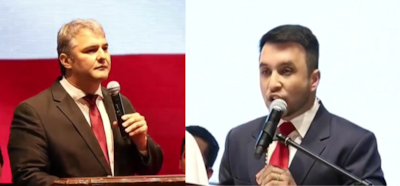 El intendente saliente Marcos Benítez (ANR HC) (IZQUIERDA) y el nuevo jefe comunal de Coronel Oviedo, el odontólogo Denis Cohene (ANR HC).