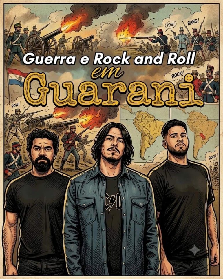 Tres hombres con ropa informal, uno con barba, delante de una escena de guerra ilustrativa y texto sobre rock guaraní.