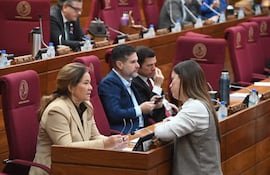 Cristina Villalba en chaqueta beige y otra mujer en blusa blanca conversan, rodeadas de hombres con dispositivos en salón legislativo.