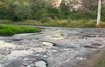 Vía deteriorada con baches y charcos de agua, rodeada de vegetación alta en un ambiente desierto.
