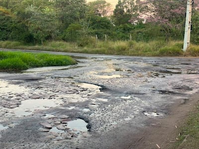 Vía deteriorada con baches y charcos de agua, rodeada de vegetación alta en un ambiente desierto.