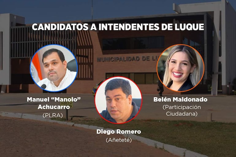 Manuel 'Manolo' Achucarro y Diego Romero conversan sonriendo frente a la municipalidad de Luque, en un evento electoral.