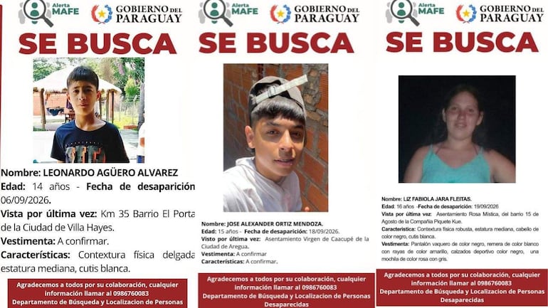 Cartel con retratos de Leonardo Agüero Álvarez (14 años), Liz Fabiola Jara Fleitas (16 años) y José Alexander Ortiz Mendoza (15 años), desaparecidos.