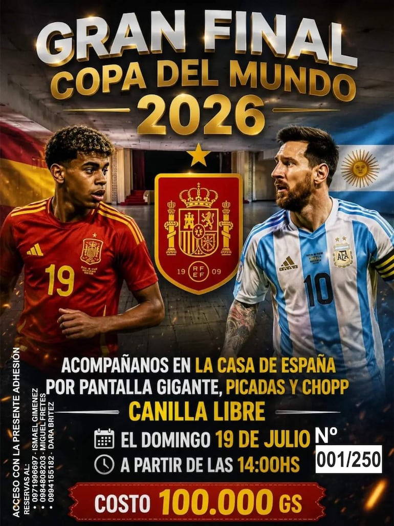 Cartel colorido anuncia la gran final del Mundial 2026, destacando los equipos de Argentina y España en un ambiente festivo.