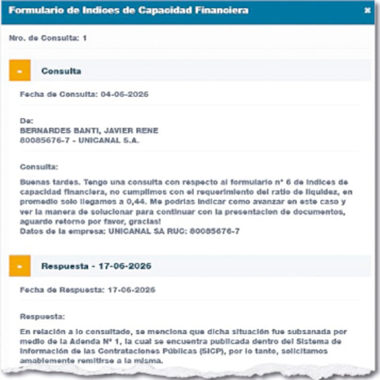 La consulta presentada por Unicanal SA solicitaba adecuar el pliego a “ratio de liquidez” de la empresa.