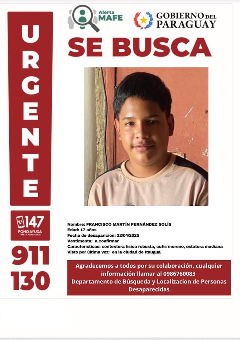 Alerta MAFE difundida este 14 de mayo para buscar a Francisco Fernández.