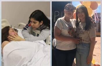 En la imagen se observa, en el primer cuadro, a Paola Solís en estado de coma, acompañada de su hija; y en el segundo cuadro, ya totalmente recuperada.