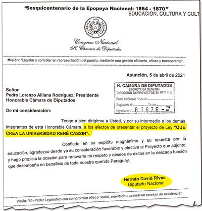 Proyecto de ley de Hernán Rivas para crear una universidad. Está cajoneado y pendiente de tratamiento.