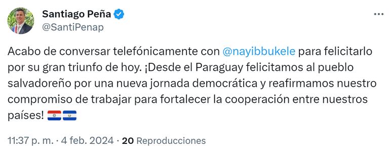 Publicación de Santiago Peña en su cuenta de X.