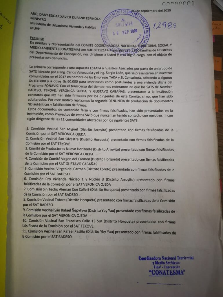 La denuncia de falsificación de firmas planteada por la Coordinadora Nacional Territorial y Medio Ambiente (Conatesma)- filial Concepción ante el exministro Dany Durand, el 9 de setiembre del 2020.