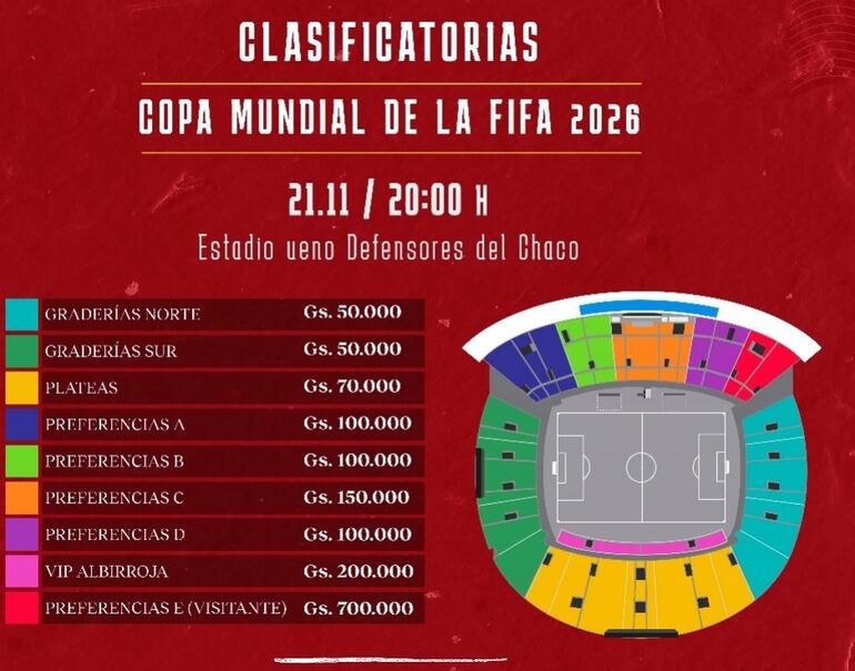 Los precios del partido de Paraguay vs. Colombia por las Eliminatorias Sudamericanas al Mundial 2026.
