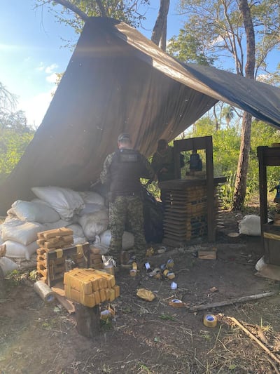 Agentes del departamento Antinarcóticos verifican los elementos encontrados debajo de la carpa, donde estaban trabajando los marihuaneros. El narcotráfico sigue arrasando con el Parque Nacional Paso Bravo.