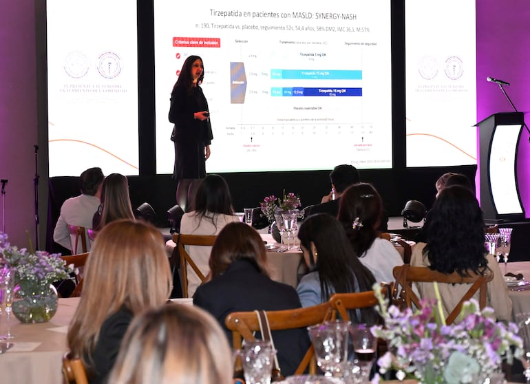 Mujer de pie en elegante atuendo negro presenta información sobre Tirzepatida, con gráficos detrás y público atento.