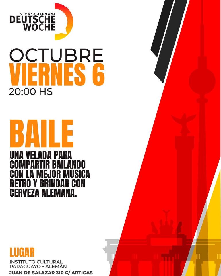 Para el viernes 6, la agenda de la Semana Alemana arranca el fin de semana a pura música. Esta vez ofrecen como actividad el baile. Una velada que se iniciará a las 20 para compartir con la mejor música retro y compartir y brindar con cerveza alemana en el Instituto Paraguayo Alemán.
