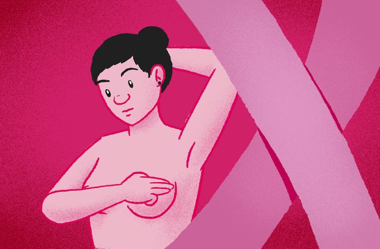 Ilustración alusiva al autoexamen de mamas. Una ilustración de Leda Sostoa.