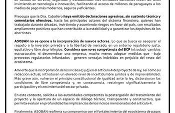 Asoban alerta riesgos de arbitrariedad en el proyecto Ley Nacional de Pagos.
