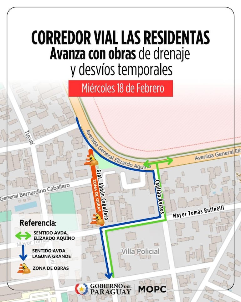 Desvíos temporales por obras en zona del corredor vial Las Residentas.