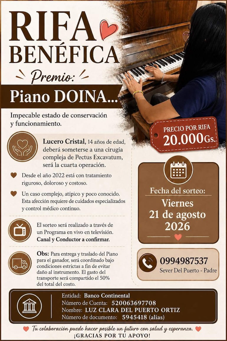 Cartel informativo de rifa benéfica con un piano DOINA como premio, detalles sobre Lucero Cristal y el sorteo.
