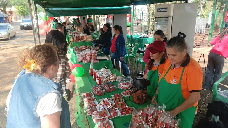 Mujeres vendedoras en un mercado al aire libre, con productos frescos y dulces exhibidos en mesas con manteles verdes.
