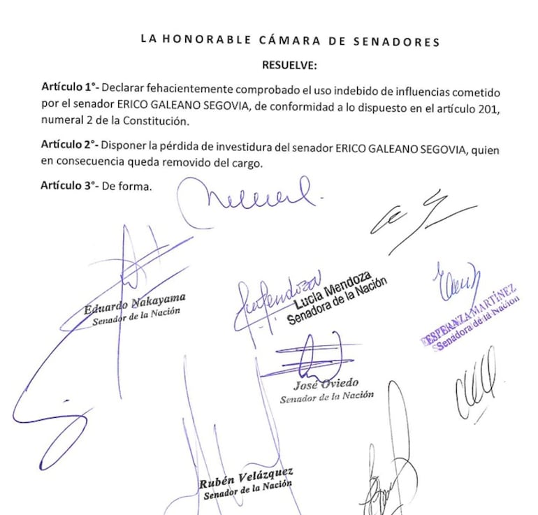 Proyecto de resolución de senadores opositores para expulsar a Erico Galeano (ANR, HC), condenado por lavado y asociación criminal.