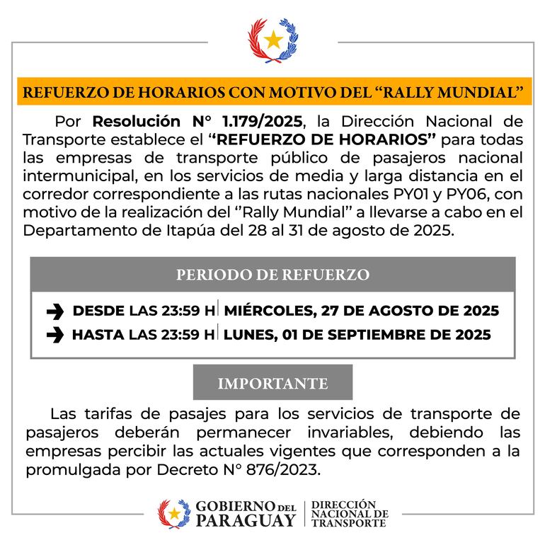 Comunicado de la Dinatran sobre refuerzo de horario del transporte público.