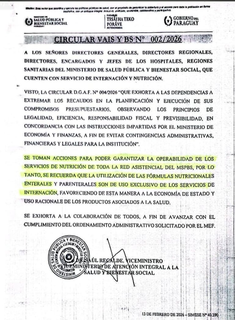 Circular en la que el MSP recuerda que la alimentación enteral y parenteral es de uso excluivo de pacientes internados firmada por el viceministro Raúl Recalde.
