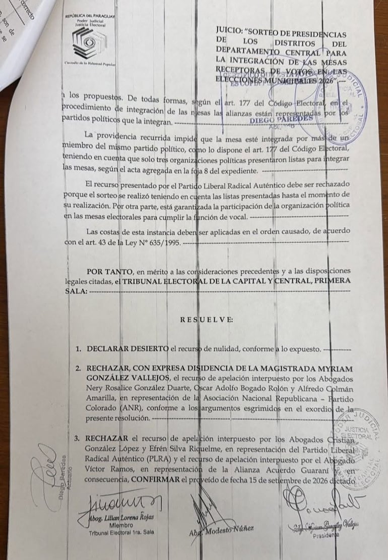 Resolución del Tribunal Electoral sobre mesarios de Capiatá.