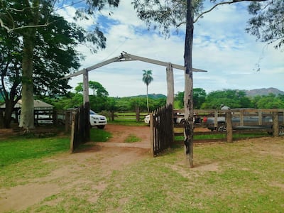 Portón de madera abierto en la entrada de Estancia Cerro Kupe, rodeado de árboles y un camino de tierra.